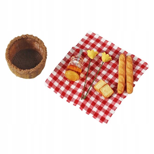 Set miniatura cibo da casa delle bambole con tovagliolo quadrettato e cestino