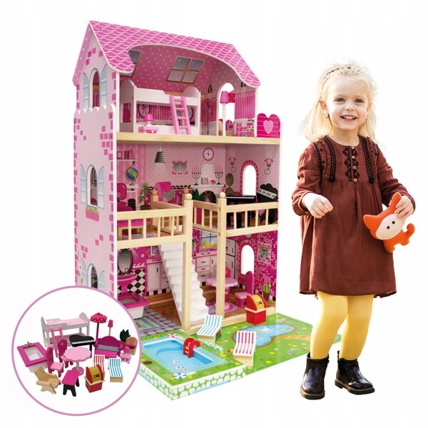 Ein 90 cm großes Puppenhaus mit Swimmingpool, Möbeln und großer Terrasse – Gruppe 4iQ