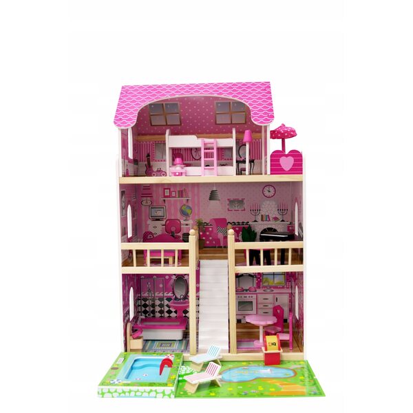 Ein 90 cm großes Puppenhaus mit Swimmingpool, Möbeln und großer Terrasse – Gruppe 4iQ