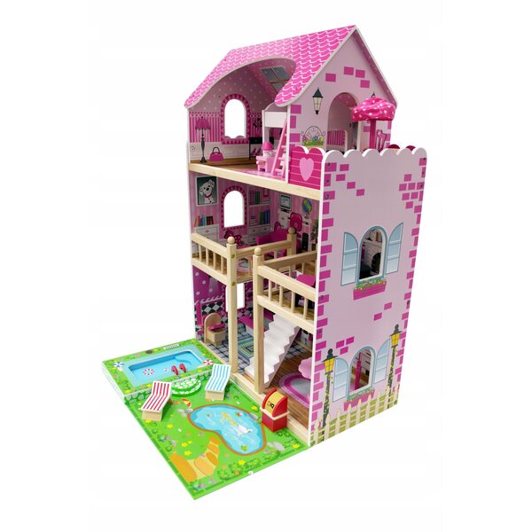 Ein 90 cm großes Puppenhaus mit Swimmingpool, Möbeln und großer Terrasse – Gruppe 4iQ