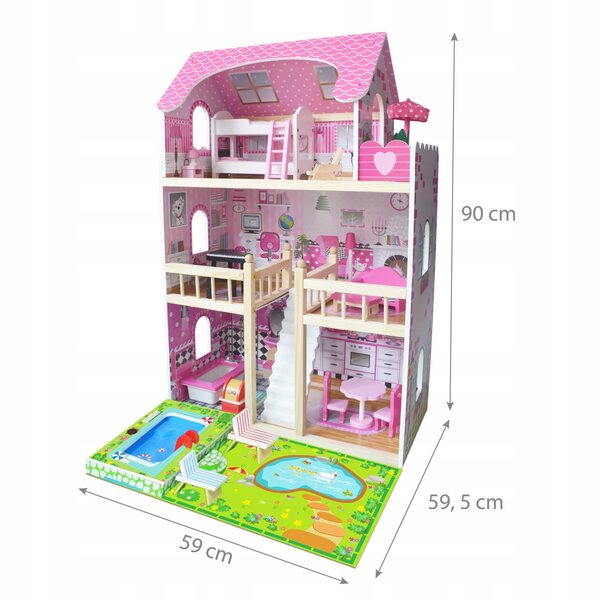 Ein 90 cm großes Puppenhaus mit Swimmingpool, Möbeln und großer Terrasse – Gruppe 4iQ