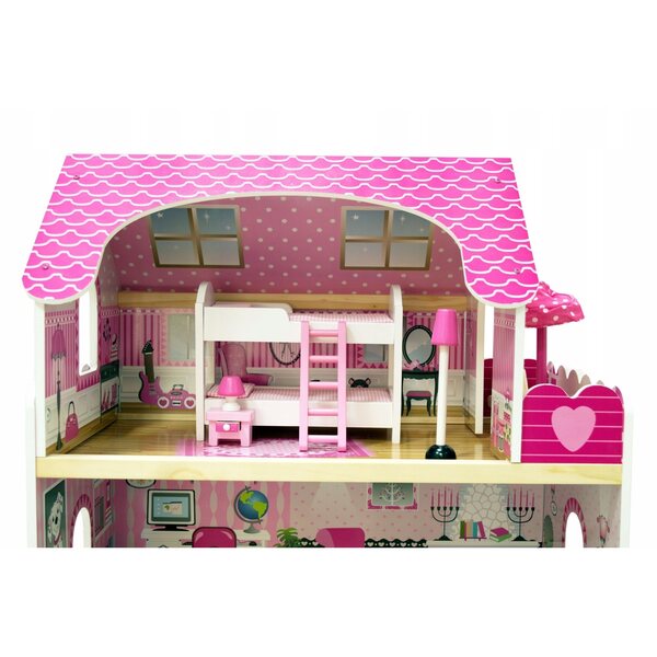 Ein 90 cm großes Puppenhaus mit Swimmingpool, Möbeln und großer Terrasse – Gruppe 4iQ