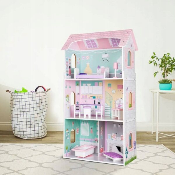 Grande Casa delle Bambole in Legno 3 Piani con Mobili Inclusi 95 cm