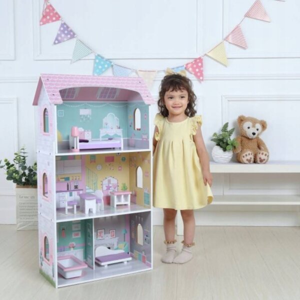 Grande Casa delle Bambole in Legno 3 Piani con Mobili Inclusi 95 cm