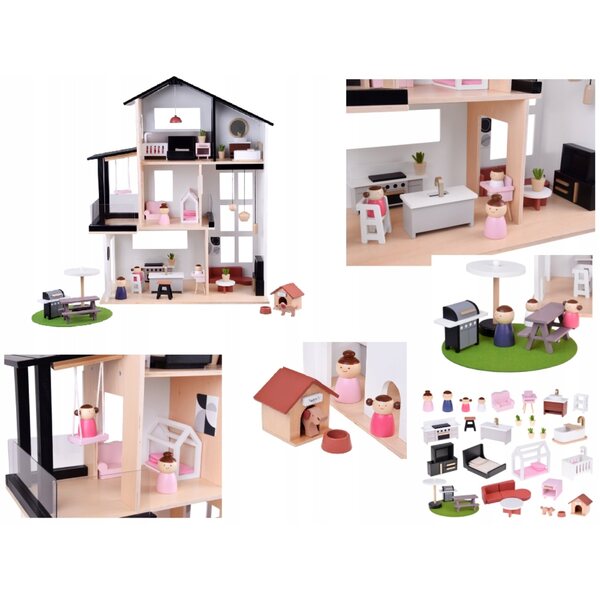 Grande casa delle bambole in legno moderna con mobili e terrazza per bambini