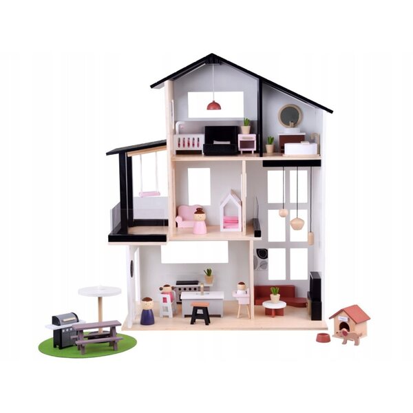 Grande casa delle bambole in legno moderna con mobili e terrazza per bambini