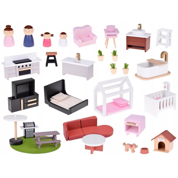 Grande casa delle bambole in legno moderna con mobili e terrazza per bambini