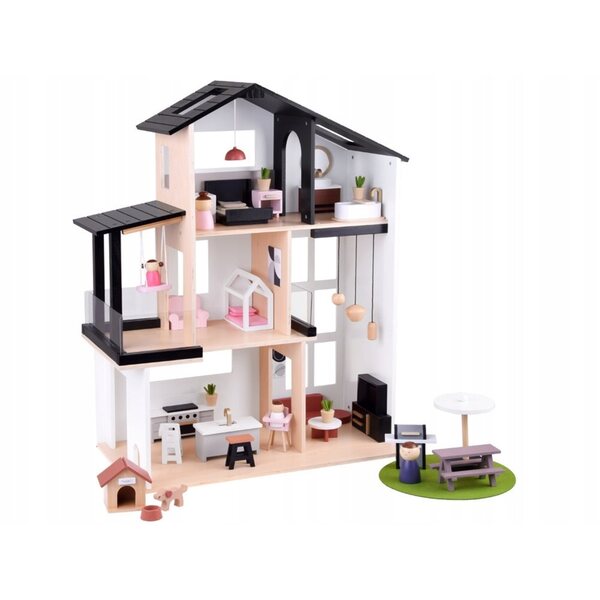 Grande casa delle bambole in legno moderna con mobili e terrazza per bambini