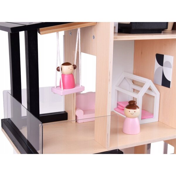 Grande casa delle bambole in legno moderna con mobili e terrazza per bambini