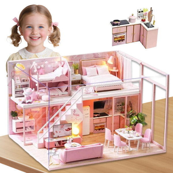 DIY Holzhaus Miniaturmodell mit LED, Komplettset 2 Etagen und 6 Zimmer
