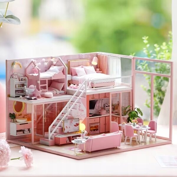 DIY Holzhaus Miniaturmodell mit LED, Komplettset 2 Etagen und 6 Zimmer