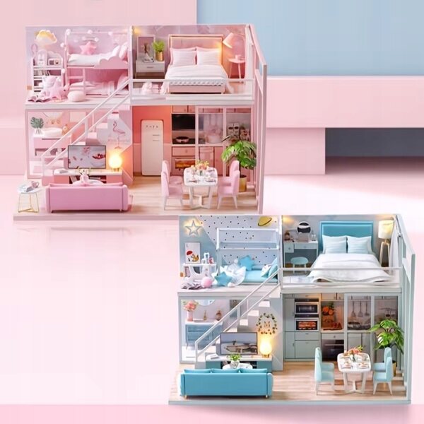 DIY Holzhaus Miniaturmodell mit LED, Komplettset 2 Etagen und 6 Zimmer