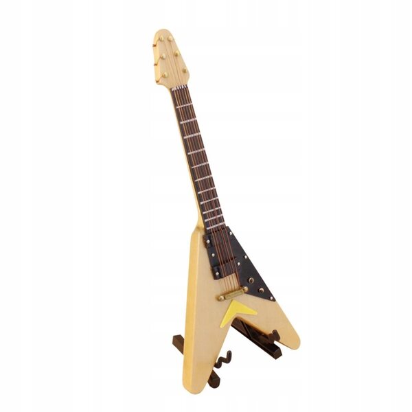 Miniatura chitarra in legno 6 corde con supporto per casa delle bambole 1:6