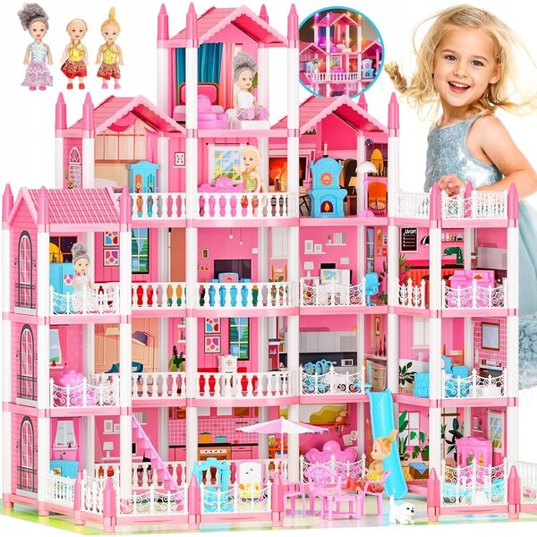 5-stöckiges Puppenhaus mit 19 Zimmern und 4 Puppen, DIY Pink
