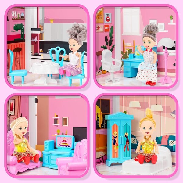 5-stöckiges Puppenhaus mit 19 Zimmern und 4 Puppen, DIY Pink