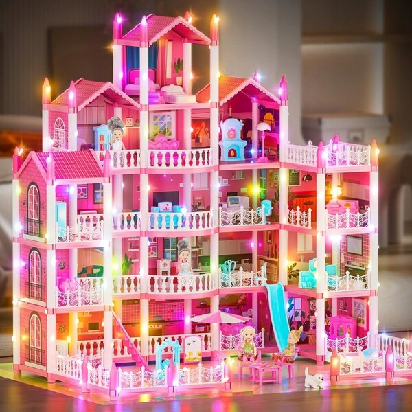 5-stöckiges Puppenhaus mit 19 Zimmern und 4 Puppen, DIY Pink