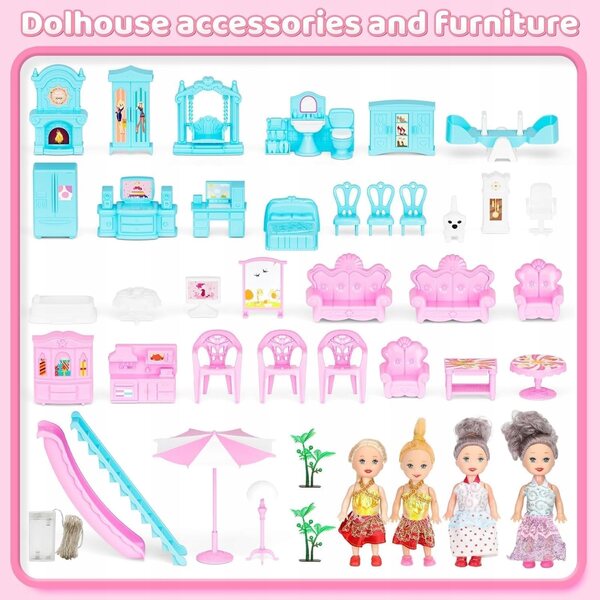 5-stöckiges Puppenhaus mit 19 Zimmern und 4 Puppen, DIY Pink