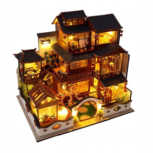 Ein DIY-Puppenhaus aus Holz mit Miniaturmöbeln und LED-Leuchten