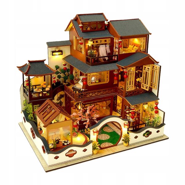 Ein DIY-Puppenhaus aus Holz mit Miniaturmöbeln und LED-Leuchten