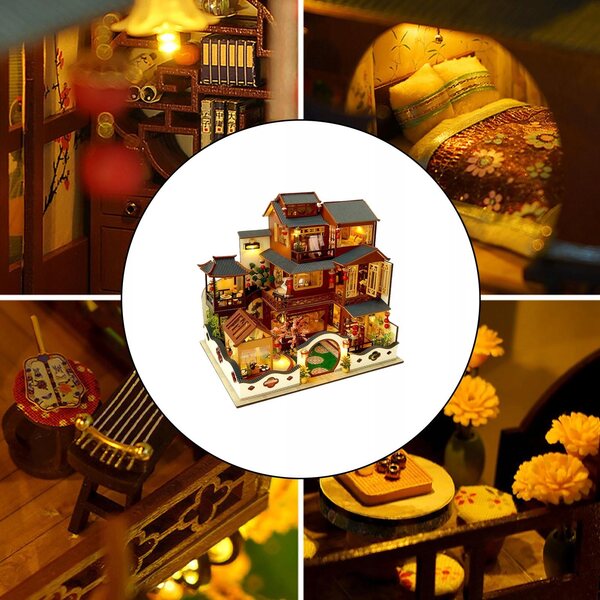 Ein DIY-Puppenhaus aus Holz mit Miniaturmöbeln und LED-Leuchten