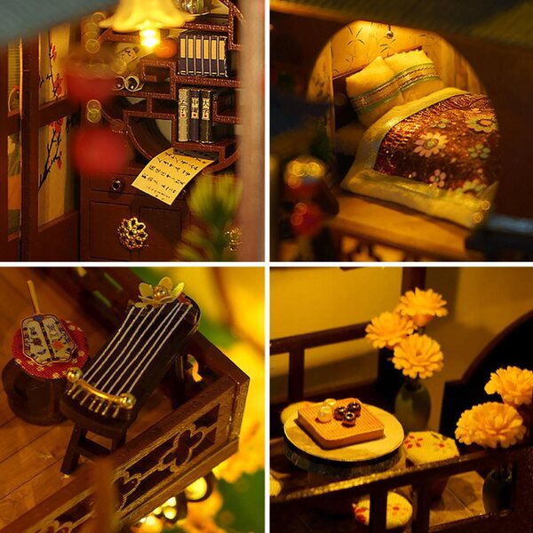 Ein DIY-Puppenhaus aus Holz mit Miniaturmöbeln und LED-Leuchten