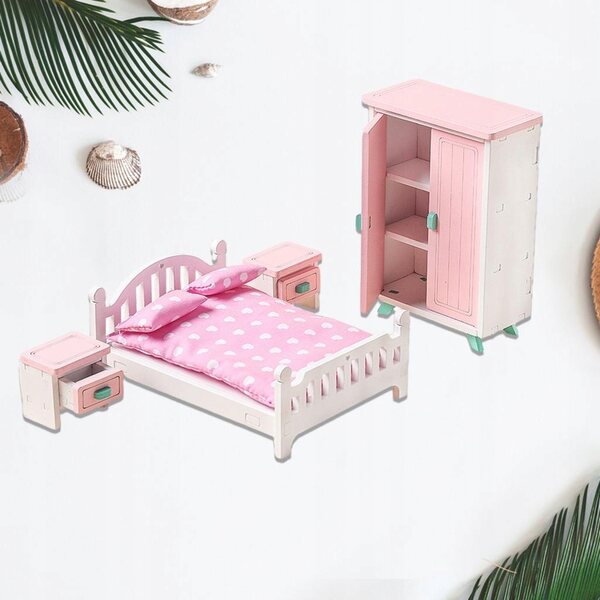 1:12 Miniatur-Holzmöbel-Set für Puppenhaus – 7-teiliges Schlafzimmer