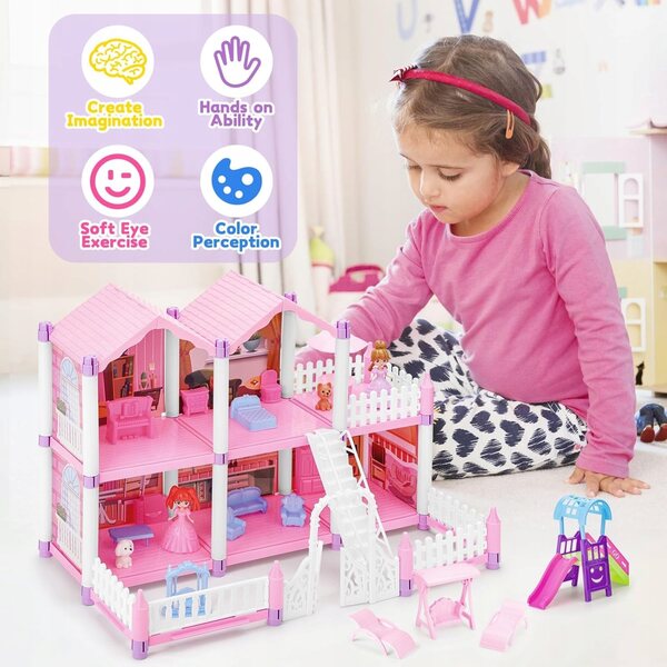 DeAO Dream - Casa delle Bambole con Mobili per Bambini dai 3 Anni in Su