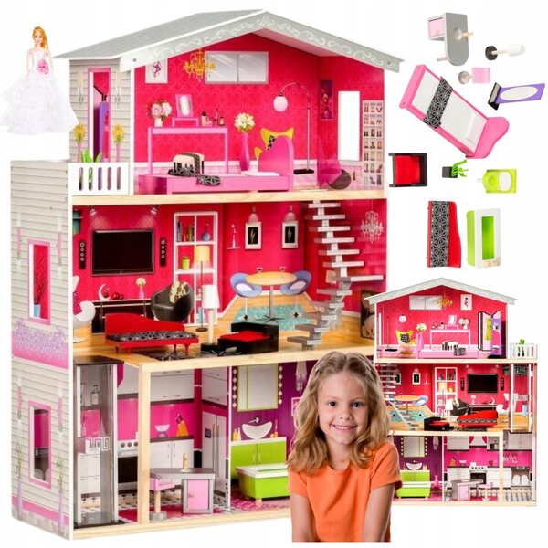 Grande casa delle bambole in legno con ascensore e mobili inclusi
