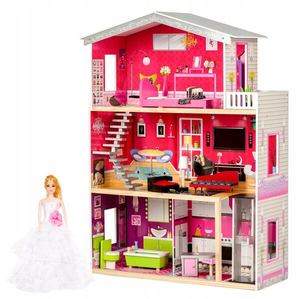 Grande casa delle bambole in legno con ascensore e mobili inclusi