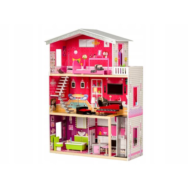 Grande casa delle bambole in legno con ascensore e mobili inclusi