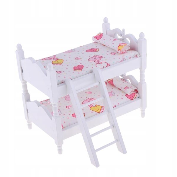 1:12 Puppenhaus-Etagenbett aus Holz und rosa-weißem Stoff