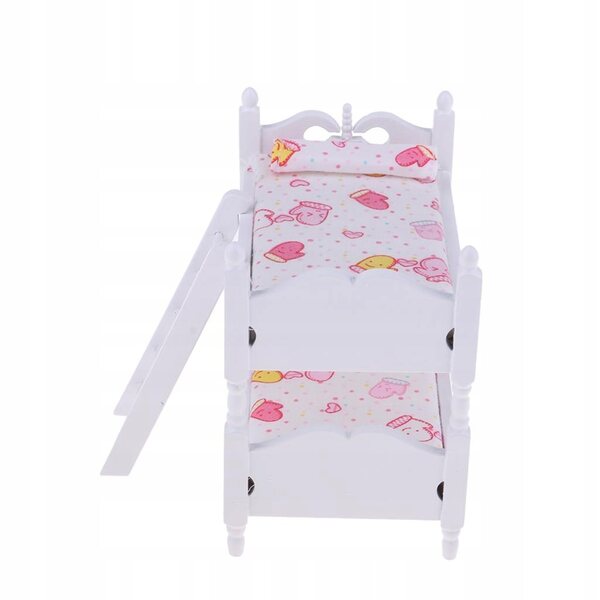 1:12 Puppenhaus-Etagenbett aus Holz und rosa-weißem Stoff