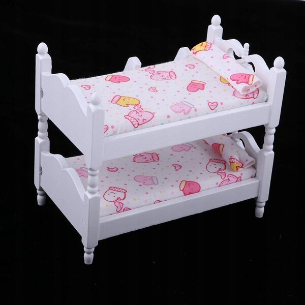 1:12 Puppenhaus-Etagenbett aus Holz und rosa-weißem Stoff