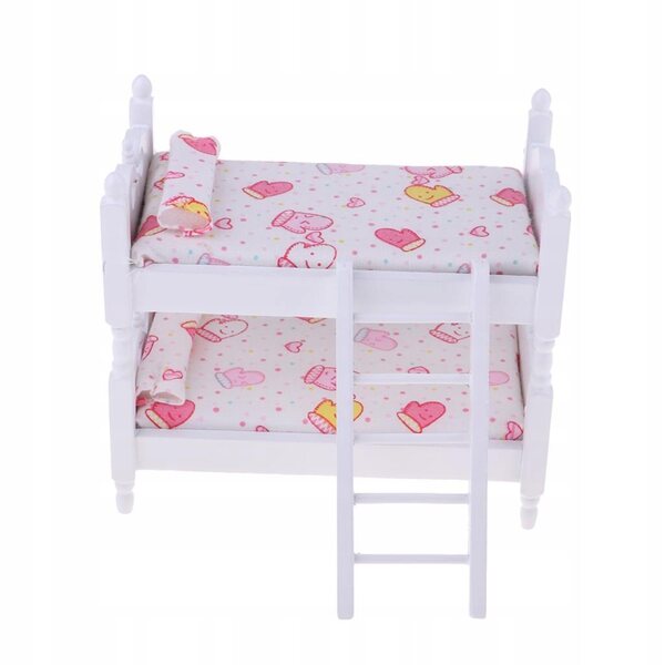 1:12 Puppenhaus-Etagenbett aus Holz und rosa-weißem Stoff
