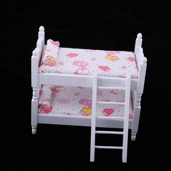 1:12 Puppenhaus-Etagenbett aus Holz und rosa-weißem Stoff
