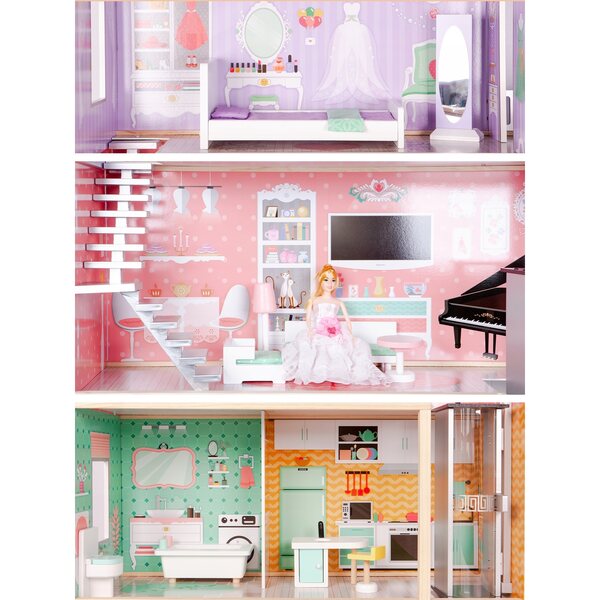 Casa delle bambole in legno ECOTOYS con ascensore mobile e mobili, 3 livelli