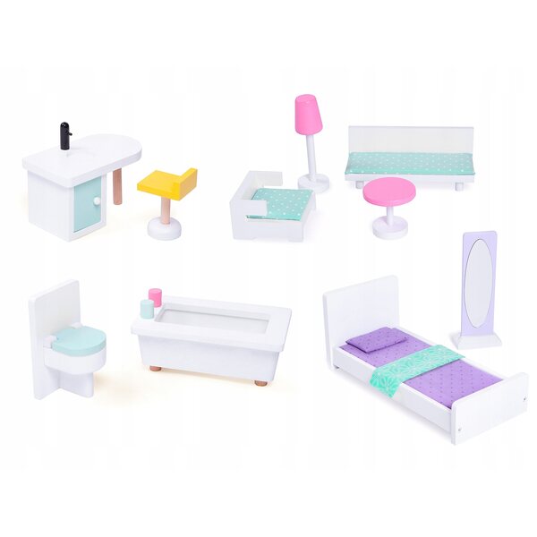 Casa delle bambole in legno ECOTOYS con ascensore mobile e mobili, 3 livelli
