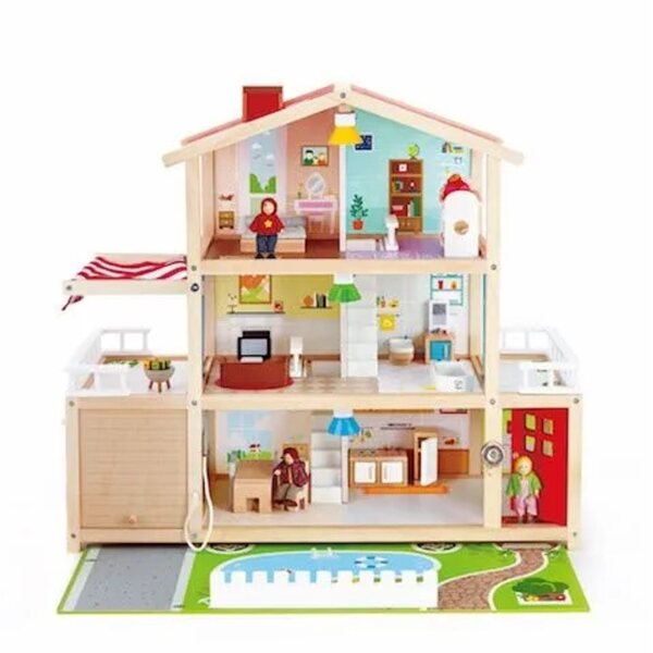 Hape E3405 – Großes Puppenhaus aus Holz mit LED und Zubehör 62 cm