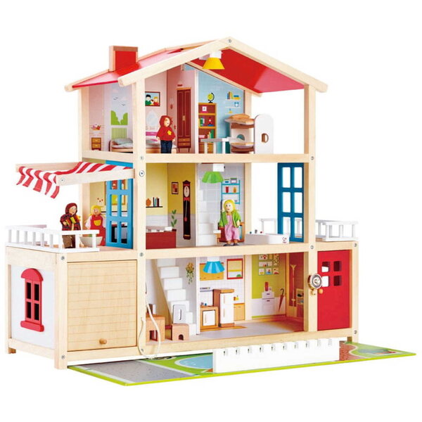 Hape E3405 – Großes Puppenhaus aus Holz mit LED und Zubehör 62 cm