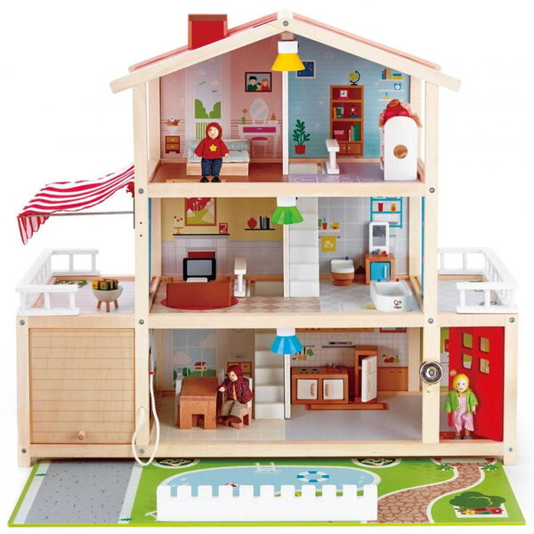 Hape E3405 – Großes Puppenhaus aus Holz mit LED und Zubehör 62 cm