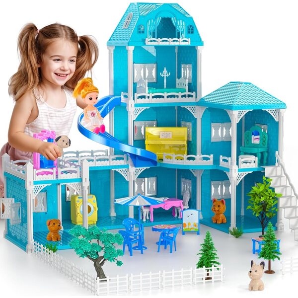 Doloowee 3-stöckiges Puppenhaus mit Zubehör und Puppen, 16 Zoll