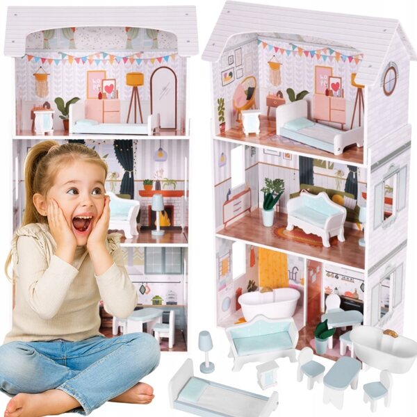 Casa delle bambole in legno Villa, 3 livelli, 4 stanze, 9 mobili, 96 cm