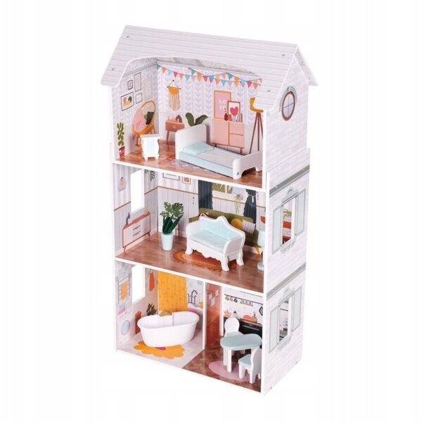 Casa delle bambole in legno Villa, 3 livelli, 4 stanze, 9 mobili, 96 cm