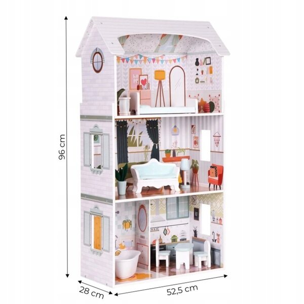Casa delle bambole in legno Villa, 3 livelli, 4 stanze, 9 mobili, 96 cm