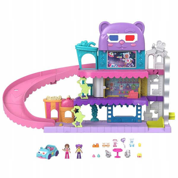 Polly Pocket Cinema Car med parkering og rutsjebane - CE-plastikspil til børn 4+