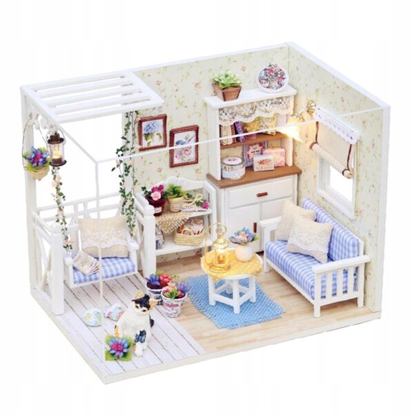3D-Modell Holzhaus 1:24 DIY mit Möbeln, einfach zu montierender Miniaturbausatz