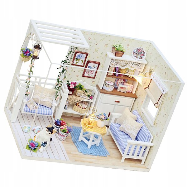 3D-Modell Holzhaus 1:24 DIY mit Möbeln, einfach zu montierender Miniaturbausatz