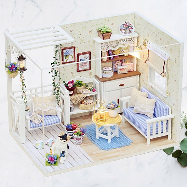 3D-Modell Holzhaus 1:24 DIY mit Möbeln, einfach zu montierender Miniaturbausatz