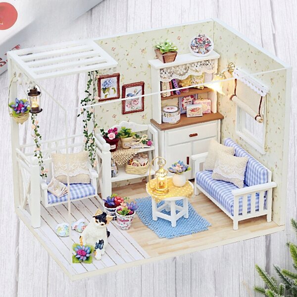3D-Modell Holzhaus 1:24 DIY mit Möbeln, einfach zu montierender Miniaturbausatz