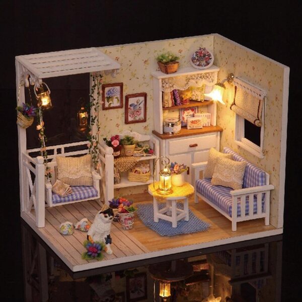 3D-Modell Holzhaus 1:24 DIY mit Möbeln, einfach zu montierender Miniaturbausatz